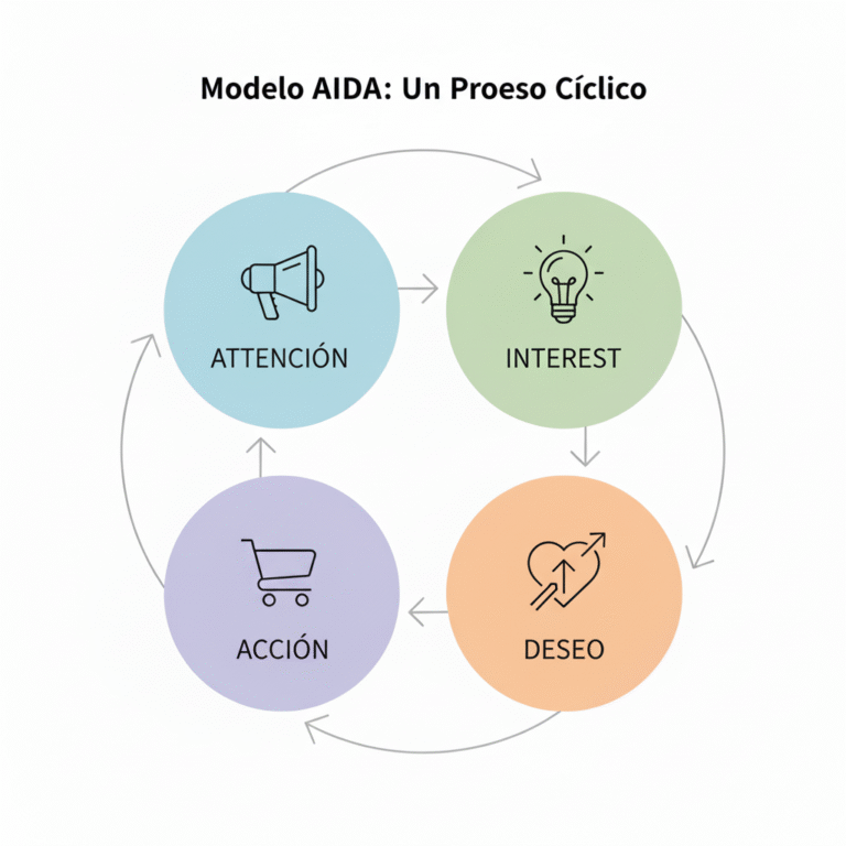 Ilustración que representa la fórmula AIDA aplicada al copywriting, con iconos de atención, interés, deseo y acción.