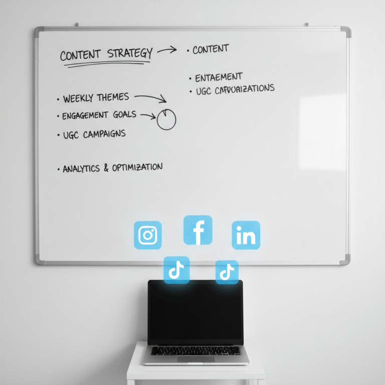 planificando contenido para redes sociales, con íconos de plataformas digitales alrededor.