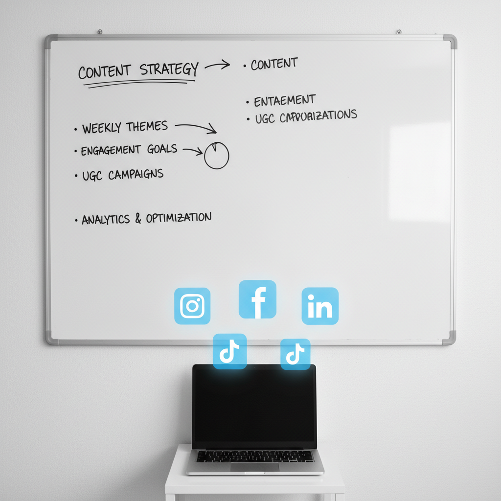 planificando contenido para redes sociales, con íconos de plataformas digitales alrededor.