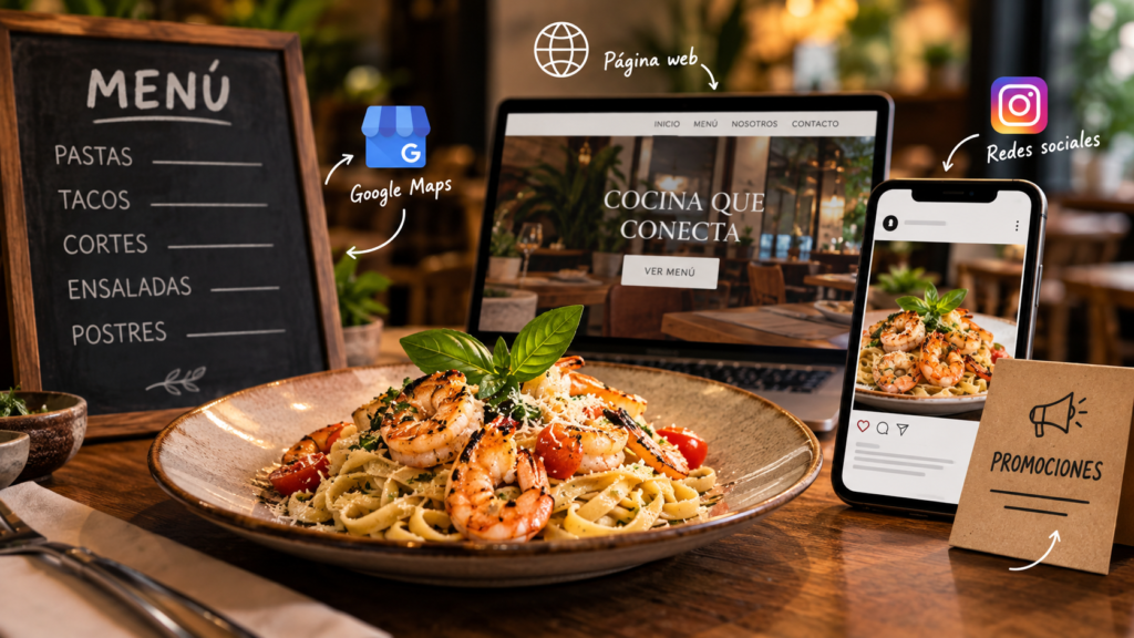 Platillo de restaurante acompañado de menú, página web, Google Maps y redes sociales para representar el copywriting para restaurantes.
