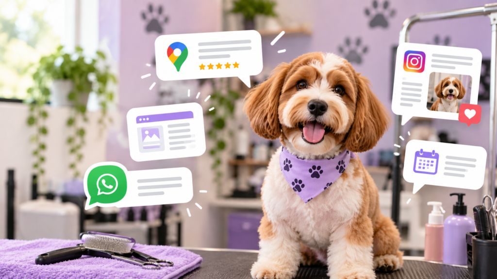 Perro en estética canina con elementos de Google Maps, redes sociales y WhatsApp para representar el copywriting para estéticas caninas.
