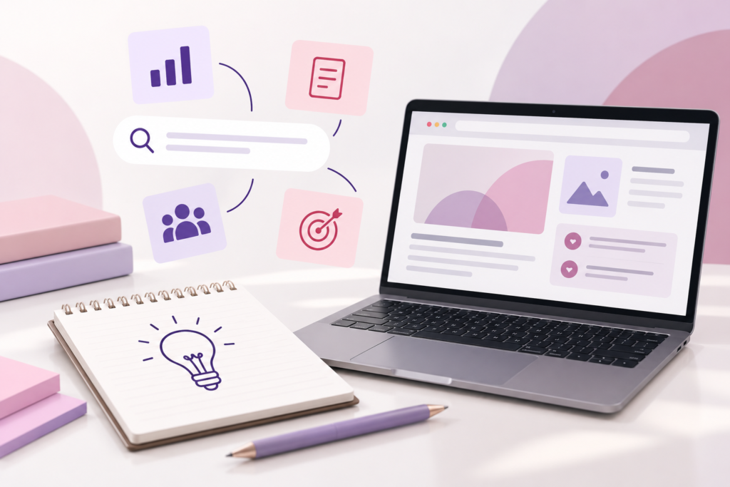 Espacio de trabajo con laptop, libreta e iconos de búsqueda y estrategia para generar ideas de contenido para un blog.