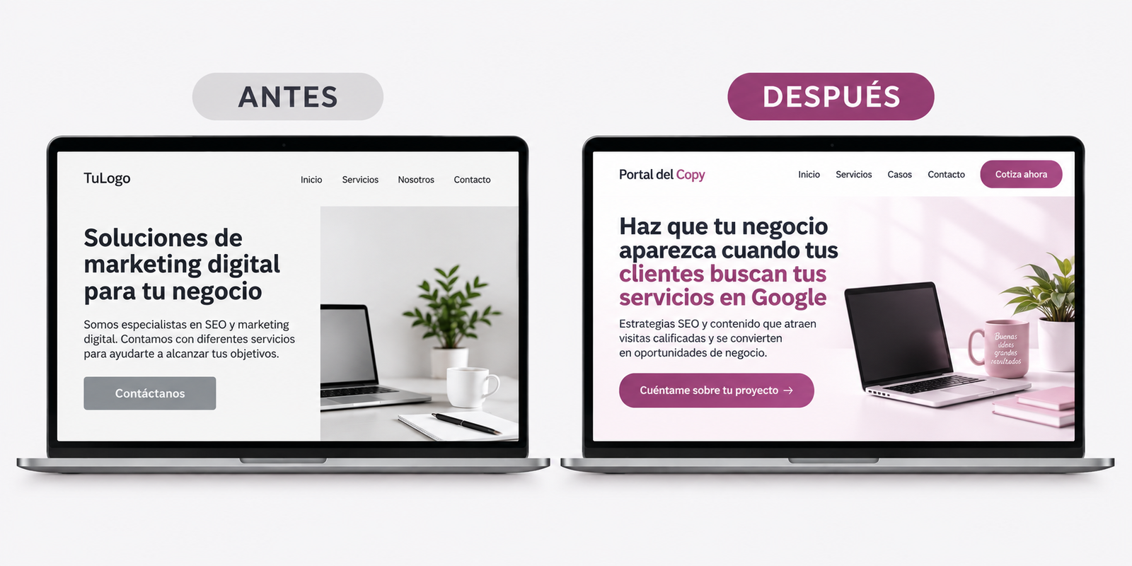 Comparación antes y después del copy de una landing page con un mensaje genérico y una propuesta de valor más clara.