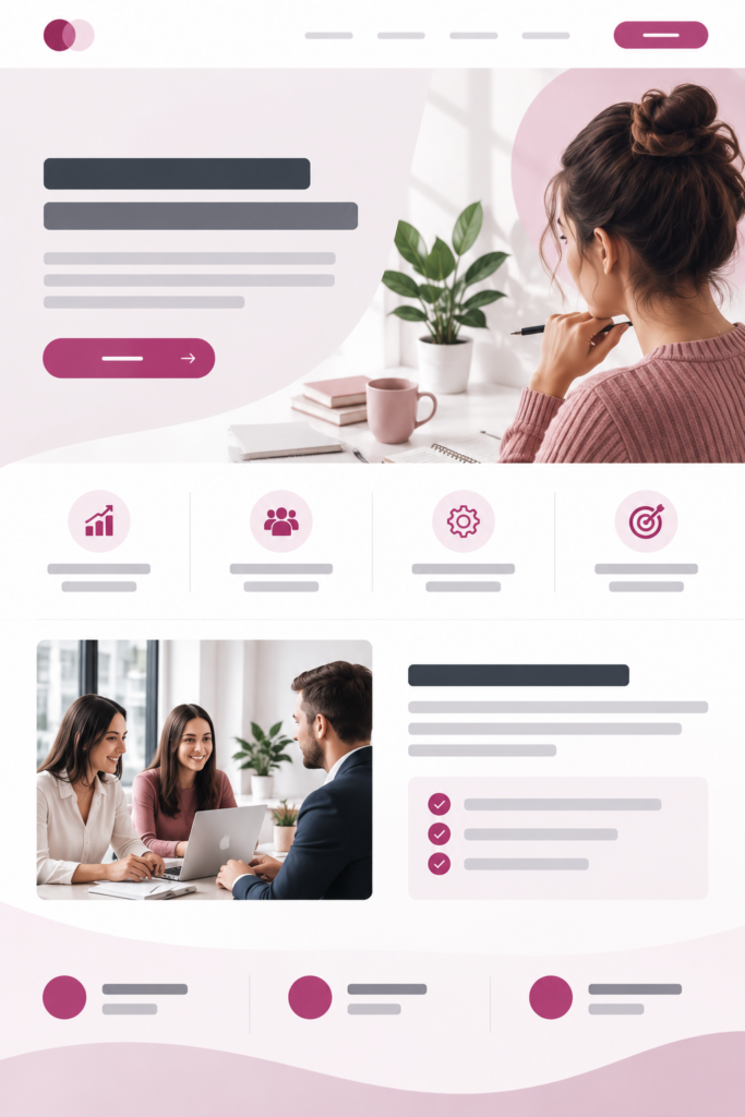 Diseño de una landing page con secciones de propuesta de valor, beneficios, llamada a la acción y elementos de confianza.