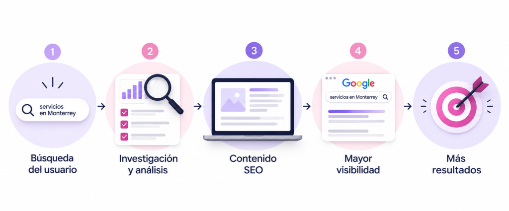 Proceso de redacción SEO desde la búsqueda del usuario y el análisis de palabras clave hasta lograr mayor visibilidad y resultados en Google.