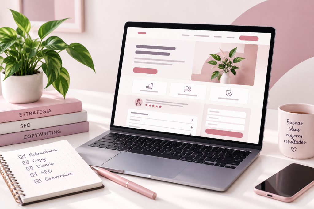 Ejemplo visual de la estructura de una landing page con secciones de contenido, beneficios, testimonios y llamada a la acción.