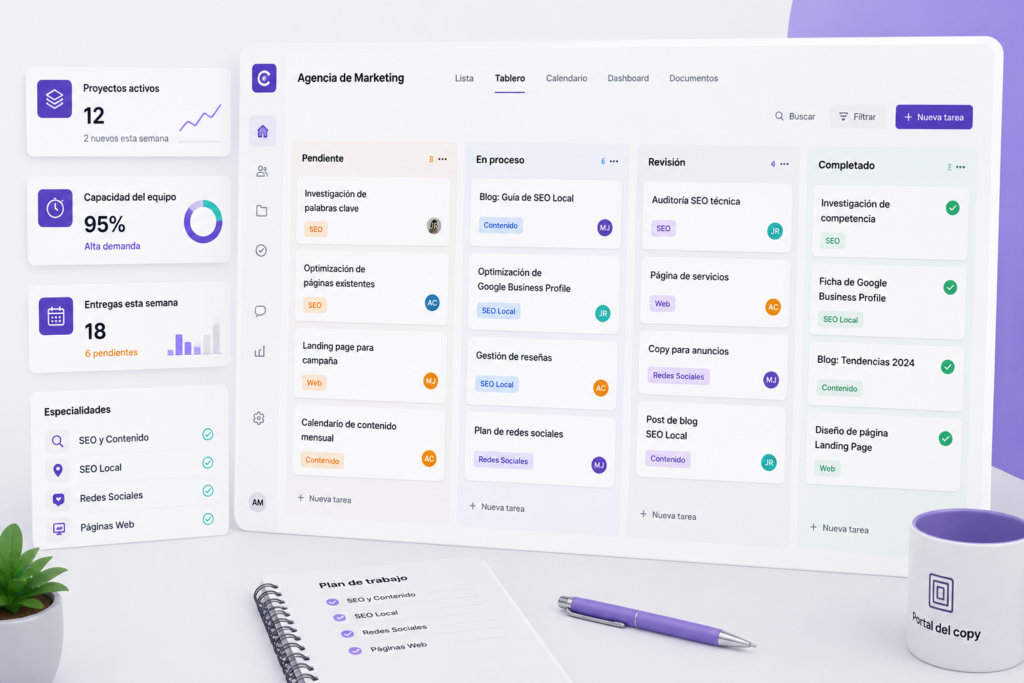 Tablero de proyectos de marketing digital con tareas de SEO, SEO Local, contenido web y redes sociales para agencias de marketing.