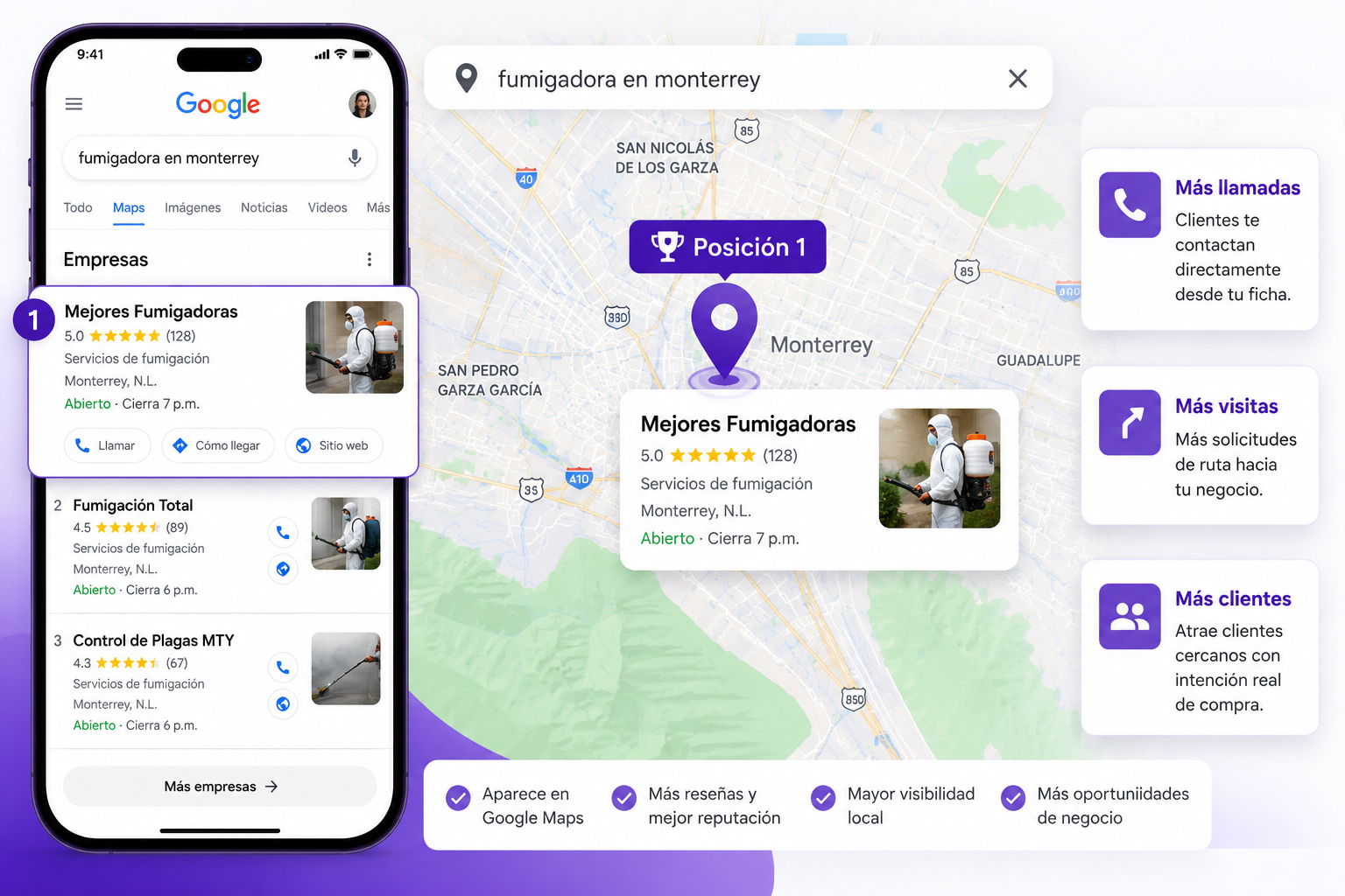 Estrategia de SEO local para negocios en Monterrey mostrando un perfil optimizado de Google Business Profile con mayor visibilidad, reseñas y posicionamiento en Google Maps.