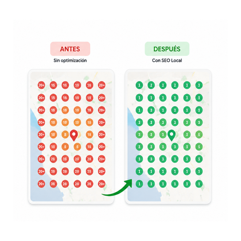 Comparativa de posicionamiento en Google Maps antes y después de una estrategia de SEO Local, mostrando una mejora significativa en la visibilidad de un negocio local dentro de su zona de servicio.
