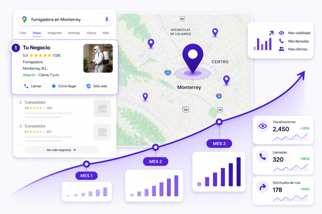 Gráfica de crecimiento de SEO Local con aumento de visibilidad, llamadas y clientes desde Google Maps.