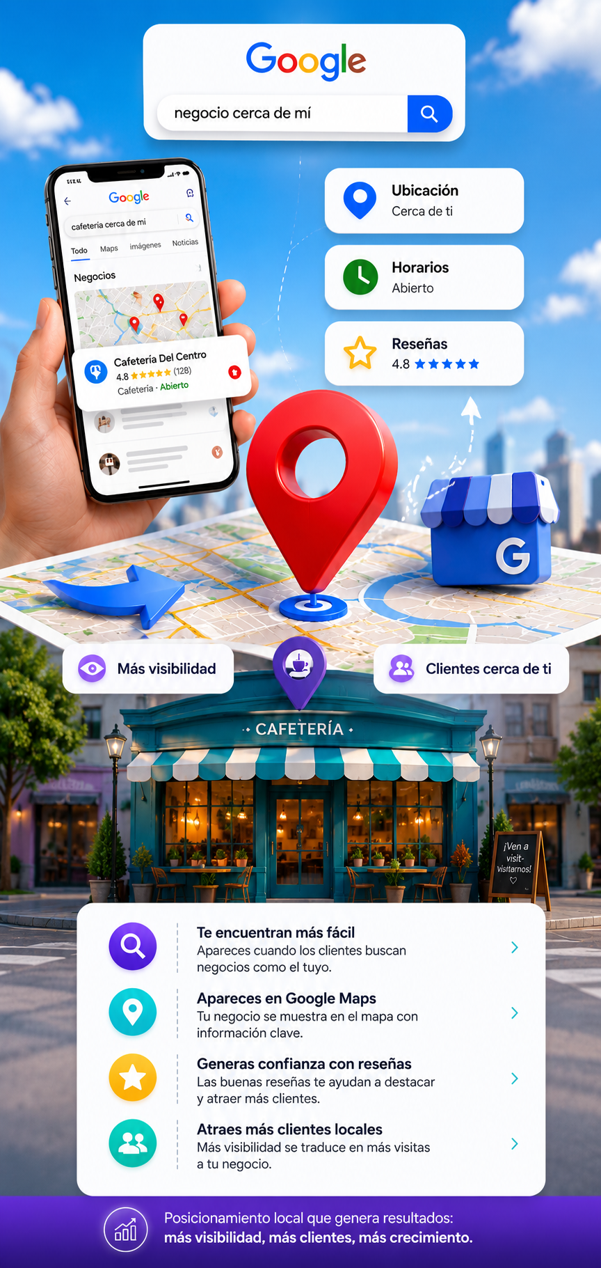 Infografía vertical de posicionamiento local que muestra cómo un negocio puede aparecer en Google Maps mediante una estrategia de SEO local. La imagen incluye una búsqueda en Google desde un teléfono móvil, un pin de ubicación sobre un mapa, un perfil de negocio optimizado con horarios y reseñas, y una cafetería como ejemplo de negocio local que aumenta su visibilidad, atrae más clientes y genera confianza en línea.
