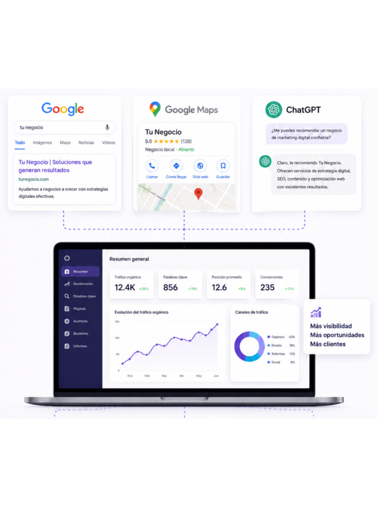 Ecosistema de visibilidad digital con SEO, Google Maps, optimización web y posicionamiento en búsquedas impulsadas por inteligencia artificia