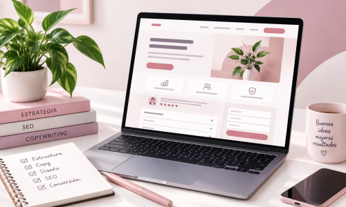 Ejemplo visual de la estructura de una landing page con secciones de contenido, beneficios, testimonios y llamada a la acción.