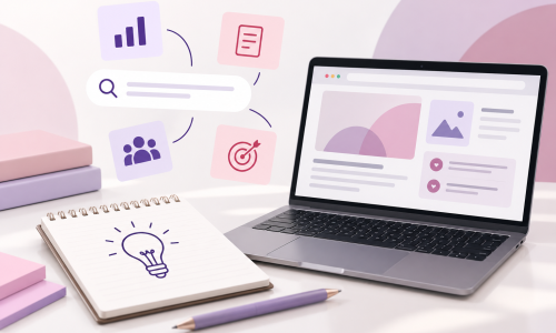 Espacio de trabajo con laptop, libreta e iconos de búsqueda y estrategia para generar ideas de contenido para un blog.