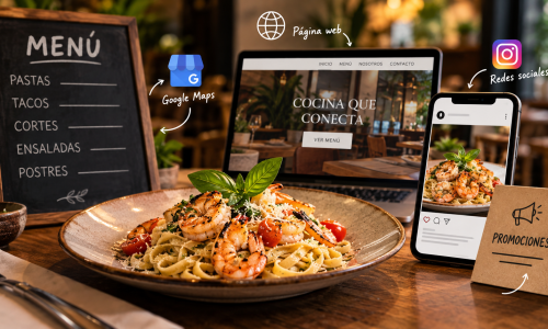 Platillo de restaurante acompañado de menú, página web, Google Maps y redes sociales para representar el copywriting para restaurantes.