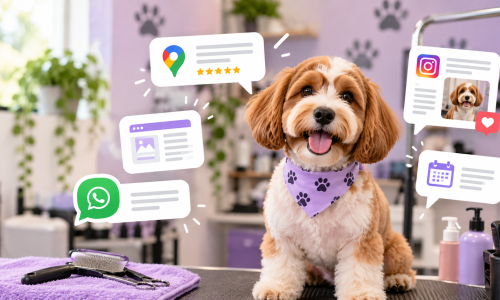 Perro en estética canina con elementos de Google Maps, redes sociales y WhatsApp para representar el copywriting para estéticas caninas.